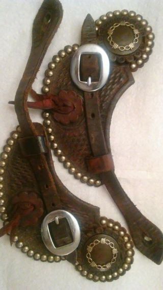 Vintage/used Studded,  Large Chonchos Leather Spur Straps,  With Button Covers