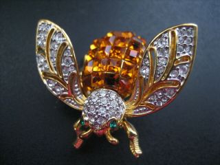 Estate Vintage Amber & Clear Crystal Green Eyes Bumble Bee Brooch