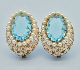 Vintage Earrings German 1930s Blue Crystal White Enamel & Faux Pearl Jewellery