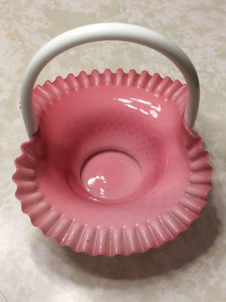 Vintage White And Pink Glass Basket With Handle - Large