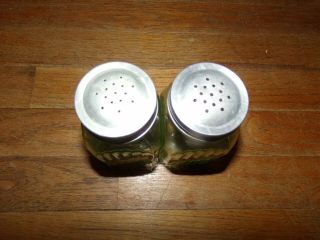 VTG Green Ribbed Depression Salt Pepper Jars Hoosier Style Orig Lids Stickers 5 