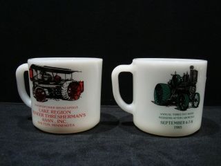 Set Of 2 Fire King Anchor Hocking Vintage Steam Engine Farm Tractor Mugs