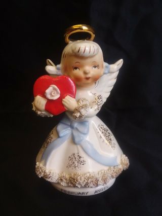 Vintage Lefton February Valentine Angel Figurine Holding A Heart Spaghetti Trim