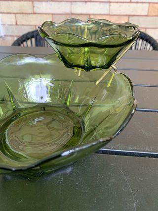 Vintage Anchor Hocking Chip Dip Bowl Set Avocado Green Glass 4