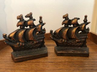 Vintage Set Of Two Cast Iron Sailing Ship Book Ends Brass Plated Copper Tone