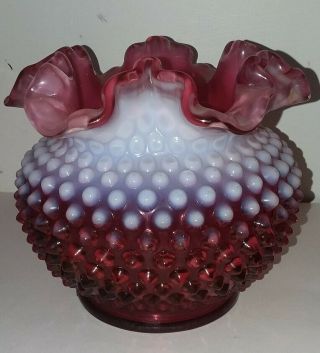 Vintage Fenton Glass Opalescent Cranberry Pink/red Hobnail Bowl/vase Ruffle Top
