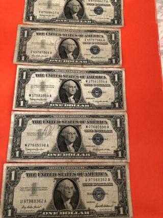 5 - 1957 Series $1 One Dollar Silver Certificate Vintage Blue Seal Old Currency
