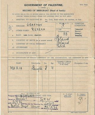 Jewish Judaica Vintage Government Of Palestine Record Of Immigration Poland