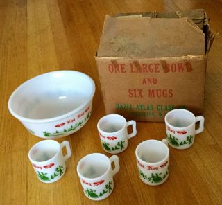 Vintage Hazel Atlas Egg Nog Punch Bowl 5 Cups Mugs Orig Box Milk Glass - Christmas
