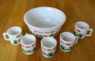 Vintage Hazel Atlas Egg Nog Punch Bowl 5 Cups Mugs Orig Box Milk Glass - Christmas 2