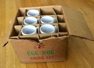 Vintage Hazel Atlas Egg Nog Punch Bowl 5 Cups Mugs Orig Box Milk Glass - Christmas 8