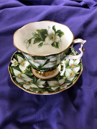 Vintage Royal Albert Trillium Footed Cup/saucer Bone China Black White Flowers