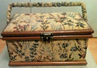 D) Vtg Tapestry Sewing Box W/tapestry Covered Handle (11.  5 " W X 7.  5 " D 5.  5 " H)