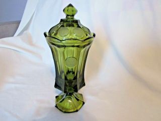 Vintage Fostoria Olive Green Coin Glass Covered Urn