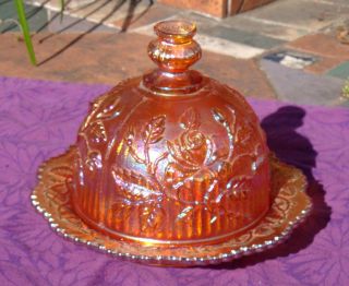 Imperial Carnival Glass Butter Dish Vintage Open Rose Pattern Covered Dish