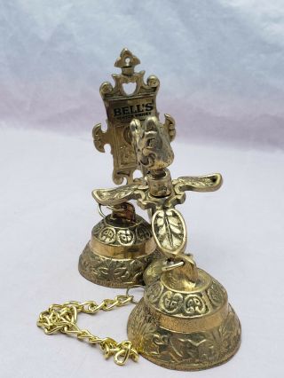 Vintage Ornate 2 Brass Hanging Bells Wall Mount W/chain Bell 