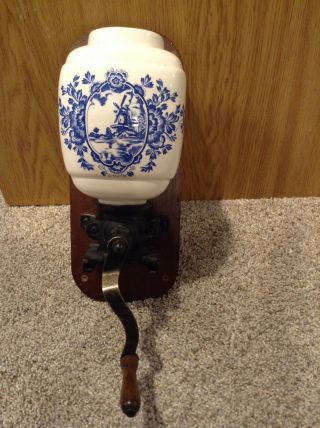 Vintage Kitchen Cabinet Wall Mount Coffee Hand Grinder Dutch Windmill White Blue