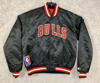Vtg 80s 90s Starter Nba Chicago Bulls Nylon Satin Bomber Jacket Black Large M