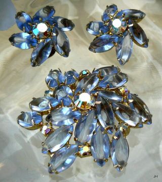 Vtg Ice Blue Glass Navette Ab Rhinestone Pin Brooch Clip Earrings Set