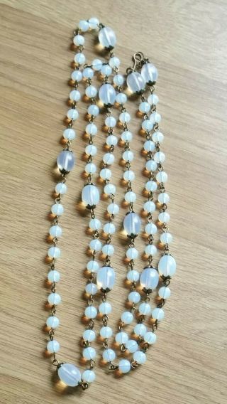 Czech Very Long Round And Oval Moonstone Glass Bead Necklace Vintage Deco Style 4