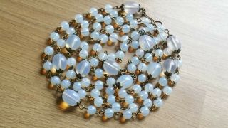 Czech Very Long Round And Oval Moonstone Glass Bead Necklace Vintage Deco Style 5