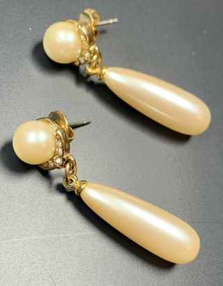 Signed Richelieu Vintage Pierced Earrings 1.  5” Dangle Faux Pearls Rhinestones
