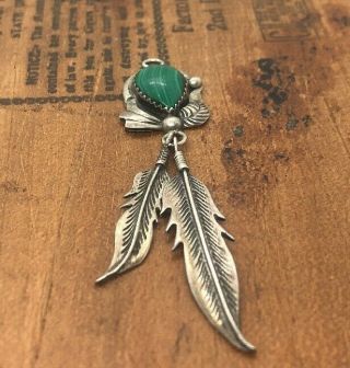 Vintage Sterling Silver Necklace 925 Pendant Native American Malachite Feather