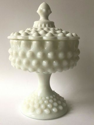 Vtg Fenton Milk Glass Candy Dish Hobnail Compote Lid Pedestal Scalloped White