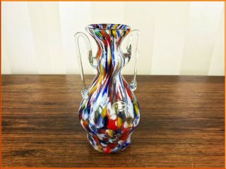 Vintage Murano Glass Urn Vase Double Handle Millefiori Hand Blown Colour Applied