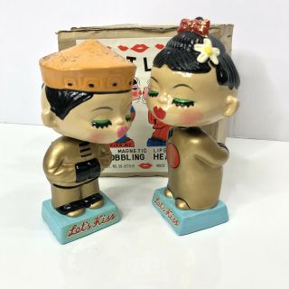 Vintage Bobblehead Lets Kiss Coin Bank Magnetic Nodder Box Japan Blue