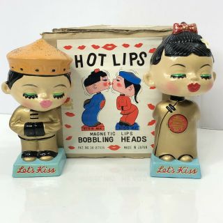 Vintage Bobblehead Lets Kiss Coin Bank Magnetic Nodder Box Japan Blue 2