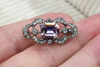 Vintage Art Deco Jewellery Pink Sapphire Crystal & Rhinestone Silver Brooch Pin