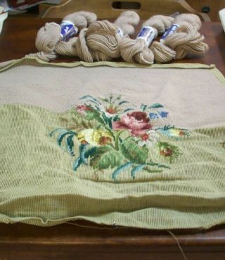 Vintage Needlepoint Floral (started) 20x19 & 4 Skeins Beige Wool Yarn (230 - B)