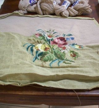 Vintage Needlepoint Floral (STARTED) 20X19 & 4 Skeins Beige Wool Yarn (230 - B) 2