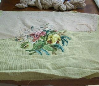 Vintage Needlepoint Floral (STARTED) 20X19 & 4 Skeins Beige Wool Yarn (230 - B) 3