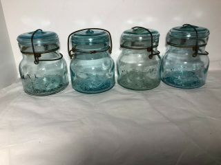 4 Vtg Atlas E - Z Seal Squatty Pint Canning Mason Jar Wire Bale Aqua Bubbles