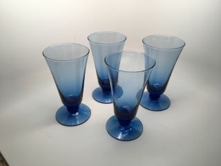 Vtg Set Of (4) Hand Blown Cobalt Blue Footed Parfait Glasses -