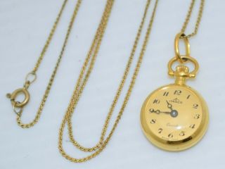 Vintage Itraco Gold - Tone Quartz Swiss - Made Pendant Watch 3/4 " Round,  28 " Chain