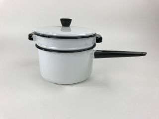 Vintage White Enamelware 3 Piece Double Boiler Black Trim And Handle With Lid