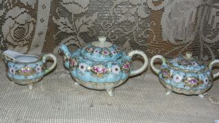 Vintage Porcelain Handpainted Teapot Sugar Creamer Set Blue W/pink Roses Gold