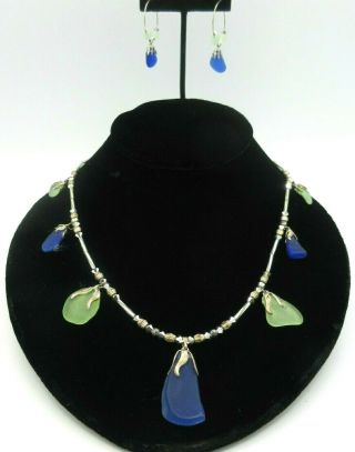Sea Glass Necklace & Earring Set - Vintage - Sterling Silver - Hand - Made