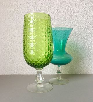 Vintage Empoli Green Glass Pedestal Vase Textured Italian Art Glass Mid Century