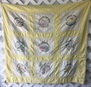 Vintage Baby Quilt Blanket Hand Embroidered Yellow Now I Lay Me Down To Sleep