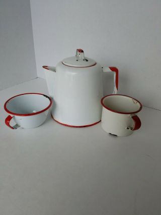 Vintage White W/ Red Enamelware - 6 " Coffee Pot With Lid And 2 Cups