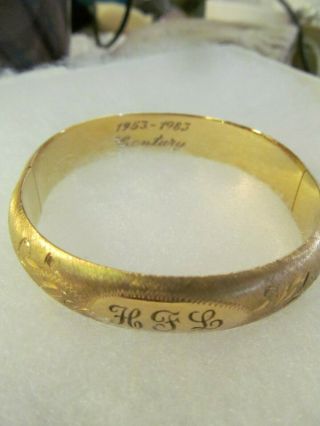 Vintage 14K Gold Filled WIDE Hinged Bangle Bracelet Diamond Cut Etched MARATHON 7