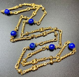 Vintage Necklace 36” Gold Tone Blue Marbled Art Glass Beads