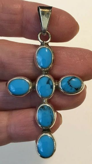 Vintage Sterling Silver & Turquoise Crucifix Cross Pendant Mexico 2 - 1/2”,  9.  2g