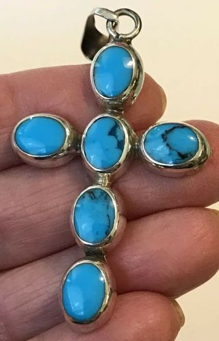 Vintage STERLING SILVER & TURQUOISE Crucifix CROSS Pendant MEXICO 2 - 1/2”,  9.  2g 2