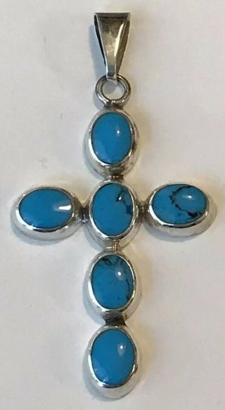 Vintage STERLING SILVER & TURQUOISE Crucifix CROSS Pendant MEXICO 2 - 1/2”,  9.  2g 3