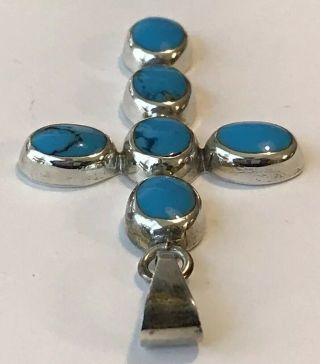 Vintage STERLING SILVER & TURQUOISE Crucifix CROSS Pendant MEXICO 2 - 1/2”,  9.  2g 5